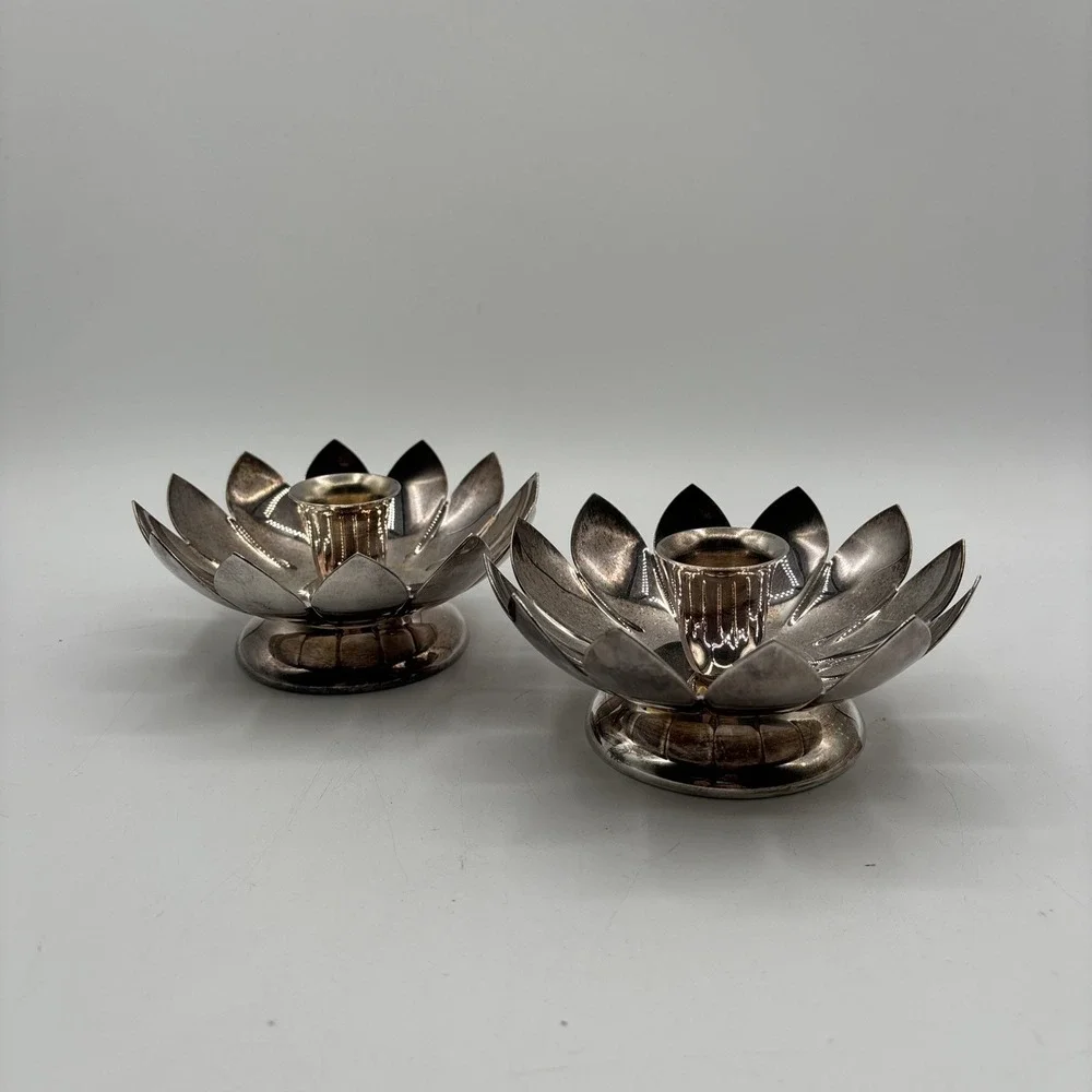 Set Of 2 Vintage Candle Holders- Silver Plate-Reed & Barton 3001 Lotus Flower